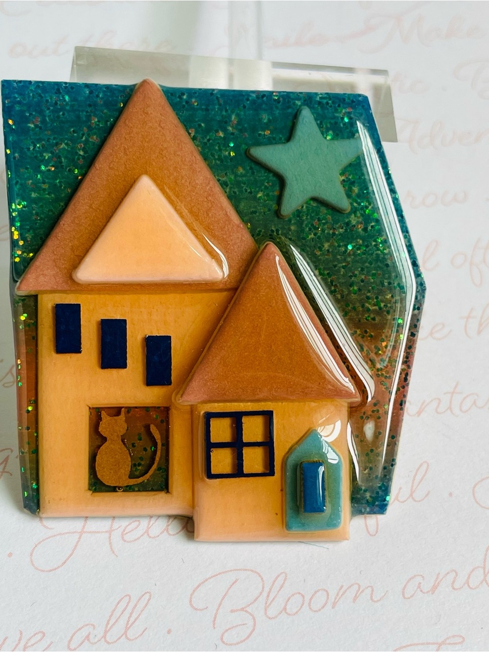 Vintage Lucinda Whimsical House Brooch with Cat Star 2" L